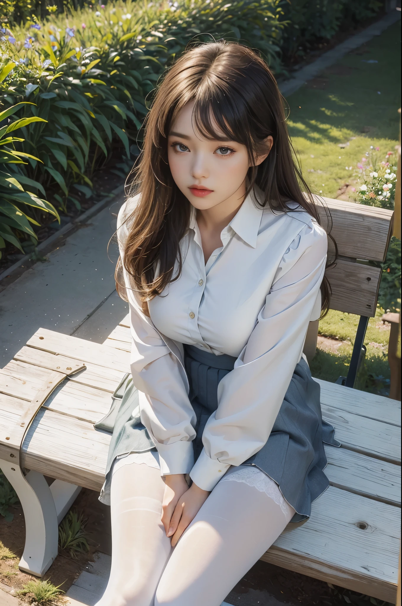 (best quality, 4k, Masterpiece, Ultra detailed, hyperrealism, RAW quality), 1 girl, sitting cross-legged on white garden bench, hands between legs, looking at the sky, she: long plain skirt, thick pantyhose, buttoned blouse, jacket in hand, wings, hair down, noon, English lamps, little birds,