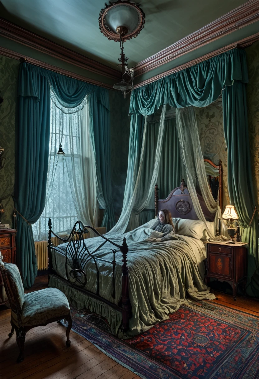 Illustrate a Victorian bedroom with a person paralyzed in bed. The room is detailed with antique furniture, heavy curtains and an unlit fireplace. A ghostly figure hovers over the person, with an air of mystery and terror."