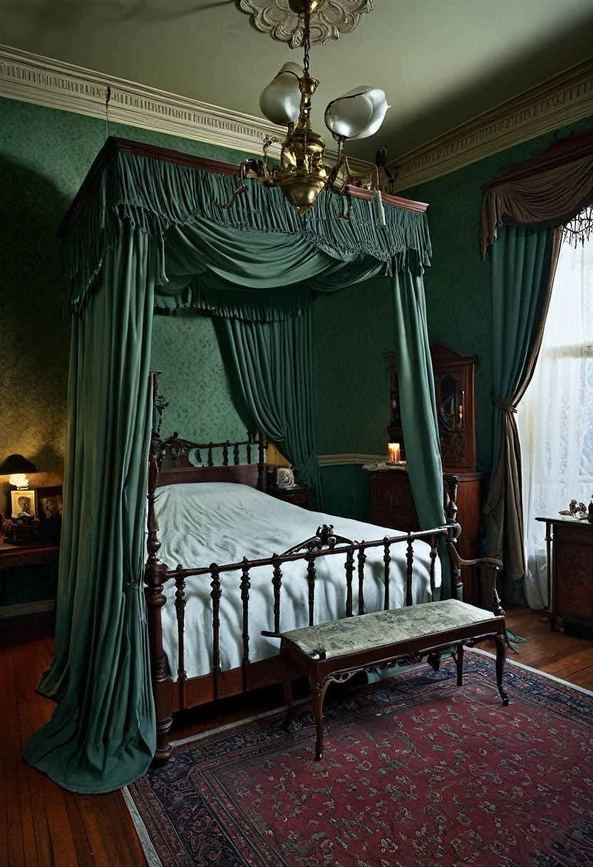 Illustrate a Victorian bedroom with a person paralyzed in bed. The room is detailed with antique furniture, heavy curtains and an unlit fireplace. A ghostly figure hovers over the person, with an air of mystery and terror."