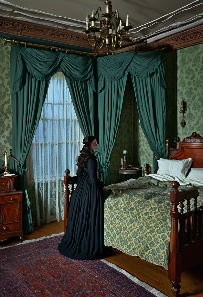 Illustrate a Victorian bedroom with a person paralyzed in bed. The room is detailed with antique furniture, heavy curtains and an unlit fireplace. A ghostly figure hovers over the person, with an air of mystery and terror."