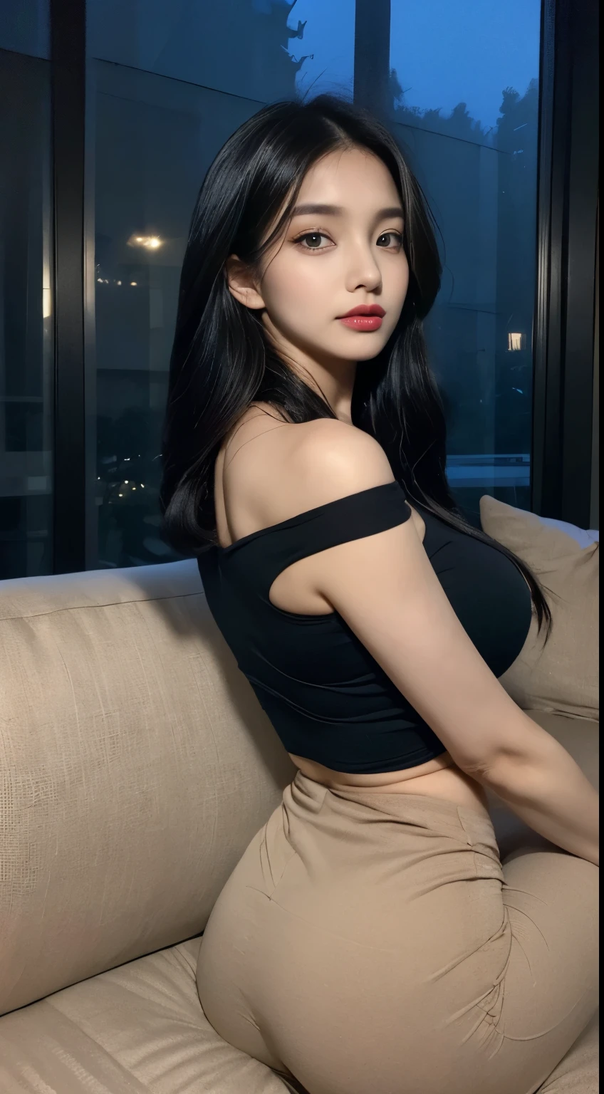 ((Night view, realistic light, best quality, 8k, masterpiece: 1.3)), 1girl, pretty black woman with slim figure: 1.4, (black hair: 1.3), off-the-shoulder cut top: 1.3, sofa, super detailed face, detailed eyes, double eyelids, bigger breasts