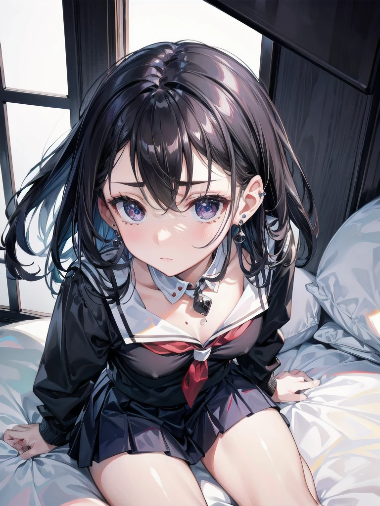 absurdres, RAW photo, extremely delicate and beautiful, masterpiece, Best Quality, ultra high resolution, 32k, hyperrealistic, ultra-detailed, perfect figure, in her 20s, very small head, very small face, delicate facial features, tearful mole, earring, very huge breasts, full body shot, medium hair, black hair, school_uniform, short skirt,