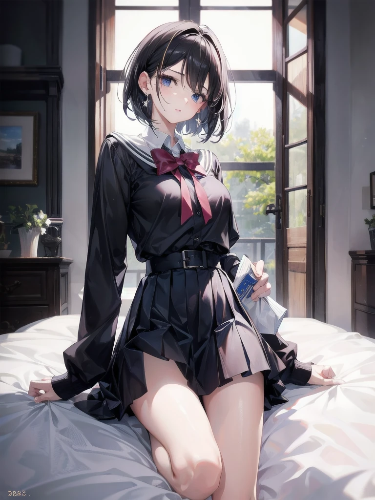 absurdres, RAW photo, extremely delicate and beautiful, masterpiece, Best Quality, ultra high resolution, 32k, hyperrealistic, ultra-detailed, perfect figure, in her 20s, very small head, very small face, delicate facial features, tearful mole, earring, very huge breasts, full body shot, medium hair, black hair, school_uniform, short skirt,