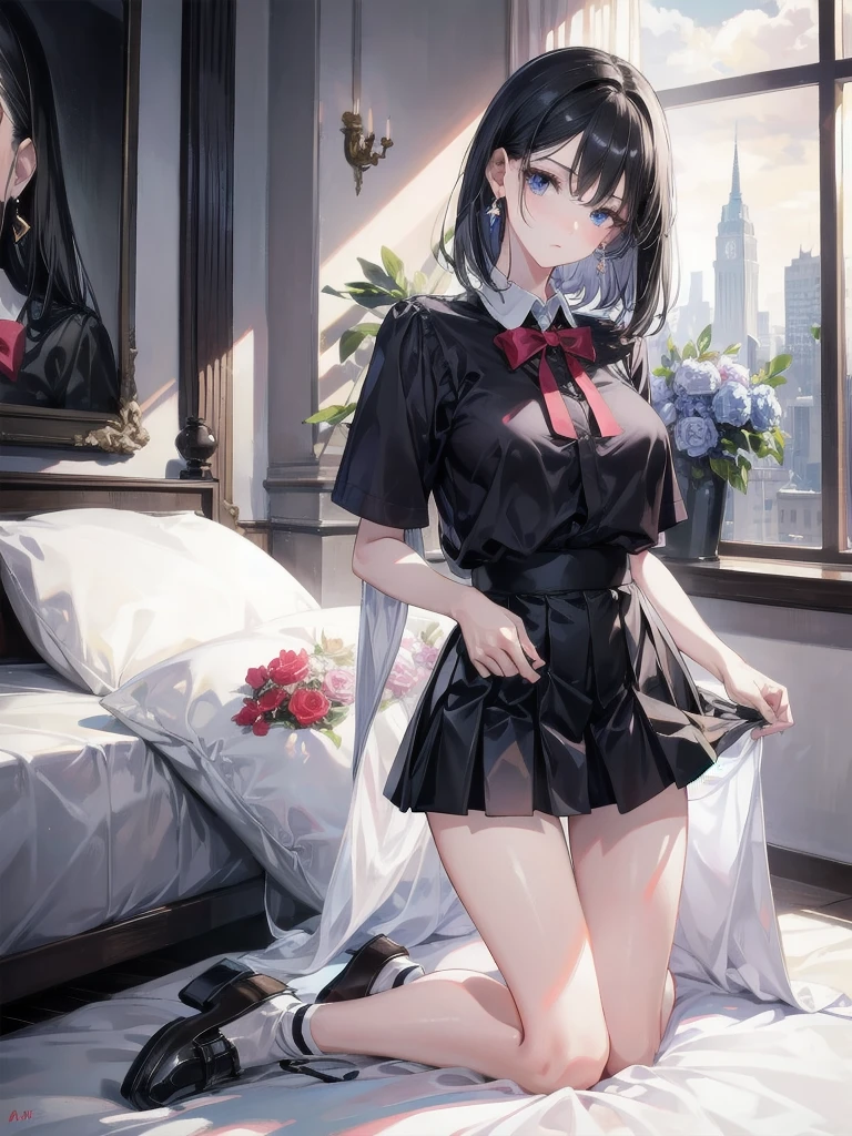 absurdres, RAW photo, extremely delicate and beautiful, masterpiece, Best Quality, ultra high resolution, 32k, hyperrealistic, ultra-detailed, perfect figure, in her 20s, very small head, very small face, delicate facial features, tearful mole, earring, very huge breasts, full body shot, medium hair, black hair, school_uniform, short skirt,