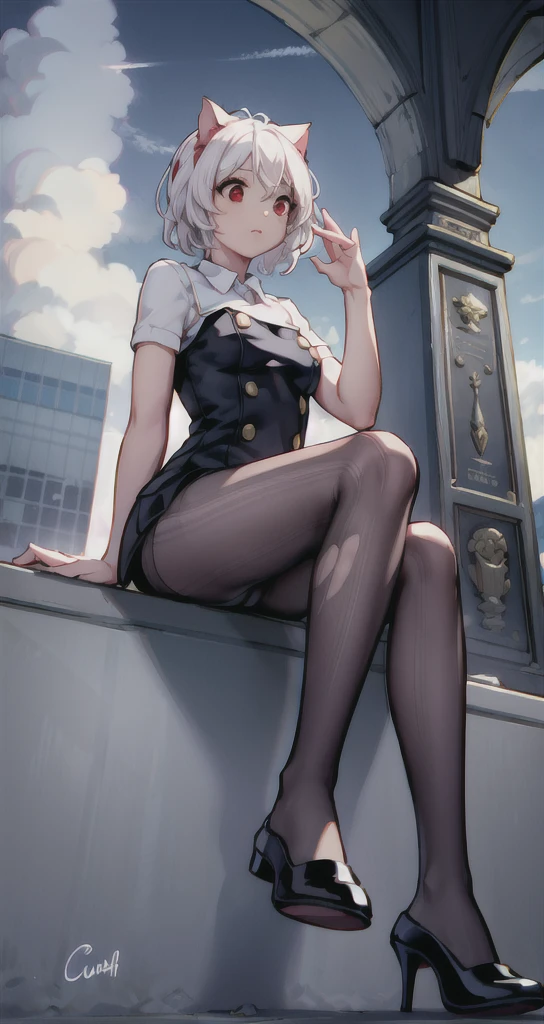 (masterpiece),(intricate deTails),1 Girl,Mature female,Large Breasts,
BREAK
Neferibido, Neferibido, short hair, (Red Eyes:1.5), See-through underwear, Animal ears, Tail, White hair, shorts, Cat ears, cat Tail, curls, 
Pantyhose,High heel,Depth of Field,Looking at the audience,Random View,((Sitting , museum,)),((whole body)),lol, off day,sun,rainbow,bus stop,((Cumulonimbus)),From below:1.1,