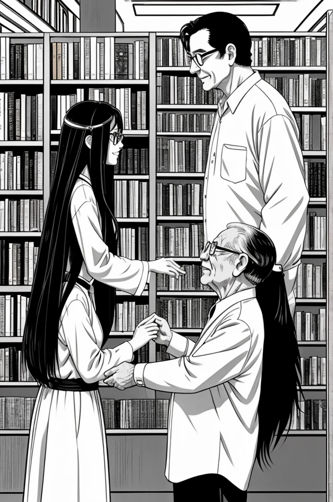 an anime girl,who has long black hair,each oval,greeting an elderly man with glasses,old man holding an amulet,background of a bookstore,black and white manga type drawing.