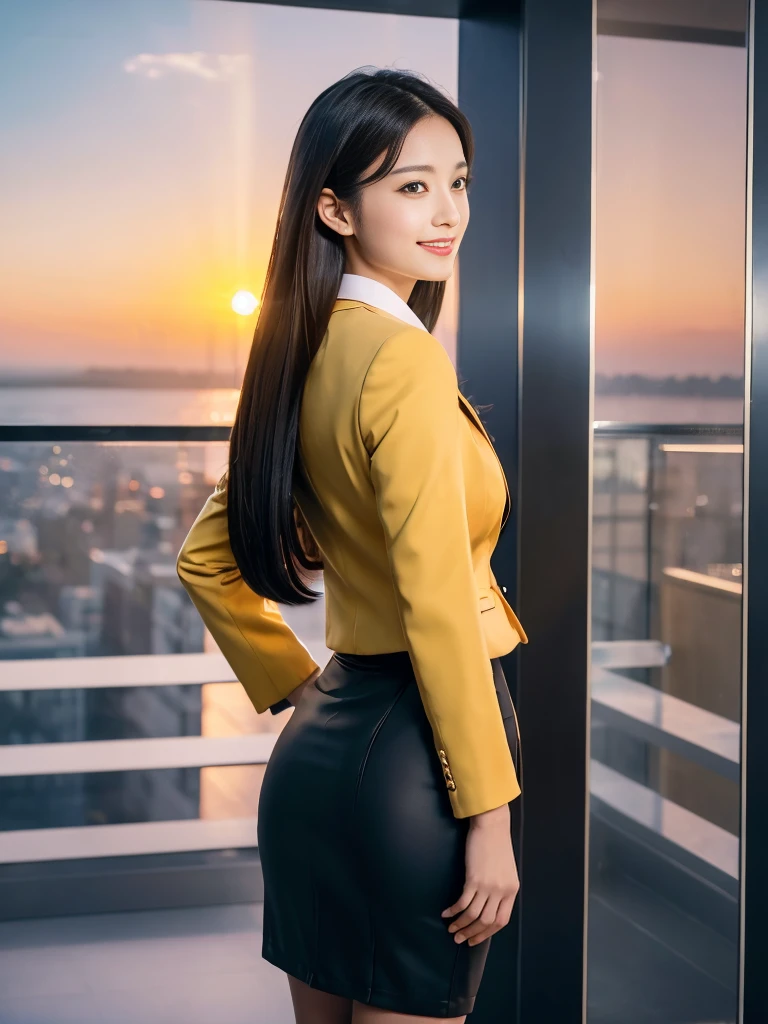 (Tabletop:1.3),8K, Realistic, RAW Photos, Highest quality: 1.4), Japanese, (One Girl), Beautiful Face, (Realistic Face), (Black Hair), Beautiful hairstyle, Realistic eyes, Beautiful attention to detail, (Realistic Skin), Beautiful Skin, Charm, Ultra-high resolution, Surreal, Very detailed, Golden Ratio, (whole body:1.37), (Woman in pencil skirt and suit jacket with attention to detail:1.4), (office lady), Professional attire, High heels, (Smile:1.3), (Flowing, shiny, straight long hair,,,,,,,,,,,,,,:1.3), break, (Big Breasts, Big Ass:1.3), scenery, (Beautiful sunrise background:1.2), From behind, Buckshot, arched back, (Put your arms behind your back), Beautiful attention to detail, View your viewers, From below, (No makeup), (cute), Photon Mapping, (Professional Lighting), In detail, (Children's Pants) ), (Skirt rip:1.1),