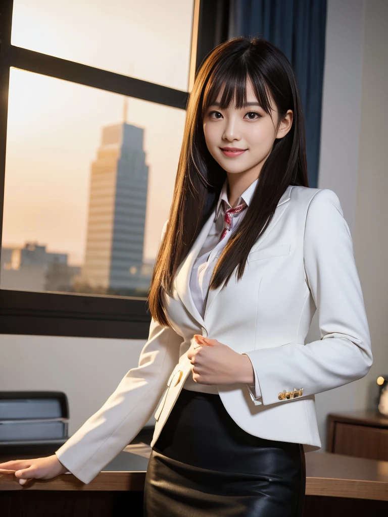 (Tabletop:1.3),8K, Realistic, RAW Photos, Highest quality: 1.4), Japanese, (One Girl), Beautiful Face, (Realistic Face), (Black Hair), Beautiful hairstyle, Realistic eyes, Beautiful attention to detail, (Realistic Skin), Beautiful Skin, Charm, Ultra-high resolution, Surreal, Very detailed, Golden Ratio, (whole body:1.37), (Woman in pencil skirt and suit jacket with attention to detail:1.4), (office lady), Professional attire, High heels, (Smile:1.3), (Flowing, shiny, straight long hair,,,,,,,,,,,,,,:1.3), break, (Big Breasts, Big Ass:1.3), scenery, (Beautiful sunrise background:1.2), From behind, Buckshot, arched back, (Put your arms behind your back), Beautiful attention to detail, View your viewers, From below, (No makeup), (cute), Photon Mapping, (Professional Lighting), In detail, (Children's Pants) ), (Skirt rip:1.1),