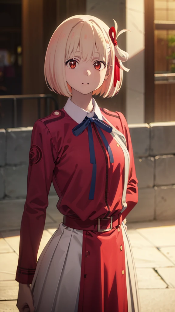 chisatonishikigi, nishikigi chisato, short hair, bangs, blonde hair, (red eyes:1.5), hair ribbon, one side up, bob cut, BREAK shirt, long sleeves, dress, ribbon, white shirt, collared shirt, belt, neck ribbon, red dress, blue ribbon, pleated dress, grey dress, two-tone dress, red belt, lycoris uniform,, BREAK outdoors, city, BREAK looking at viewer, BREAK (masterpiece:1.2), best quality, high resolution, unity 8k wallpaper, (illustration:0.8), (beautiful detailed eyes:1.6), extremely detailed face, perfect lighting, extremely detailed CG, (perfect hands, perfect anatomy),