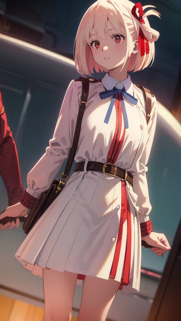 chisatonishikigi, nishikigi chisato, short hair, bangs, blonde hair, (red eyes:1.5), hair ribbon, one side up, bob cut, BREAK shirt, long sleeves, dress, ribbon, white shirt, collared shirt, belt, neck ribbon, red dress, blue ribbon, pleated dress, grey dress, two-tone dress, red belt, lycoris uniform,, BREAK outdoors, city, BREAK looking at viewer, BREAK (masterpiece:1.2), best quality, high resolution, unity 8k wallpaper, (illustration:0.8), (beautiful detailed eyes:1.6), extremely detailed face, perfect lighting, extremely detailed CG, (perfect hands, perfect anatomy),