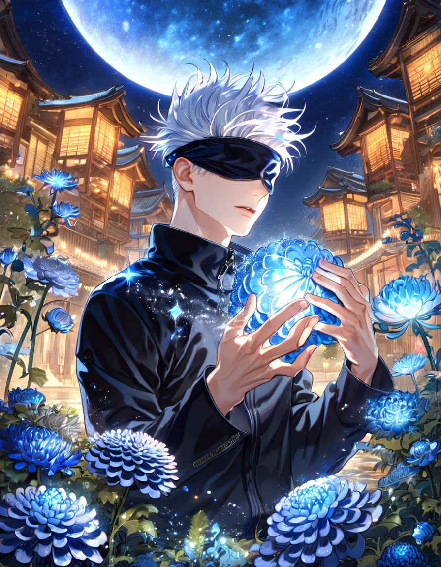 absurdres, highres, ultra detailed, HDR, master piece, best quality, extremely detailed, Gojou Satoru, white hair, blindfolded, Jujutsu Kaisen, solo, sexy man, handsome, zip-up black jacket, fantasy, water, sparkling, blue glittering fireflies, blue moon, blue blossoms, blue chrysanthemums, blue sparkling lights, starry sky