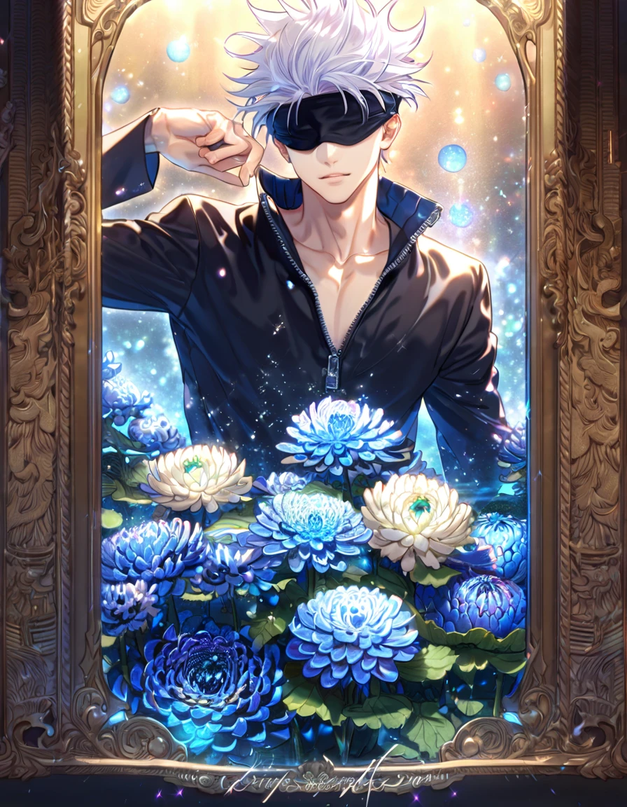 absurdres, highres, ultra detailed, HDR, master piece, best quality, extremely detailed, Gojou Satoru, white hair, blindfolded, Jujutsu Kaisen, solo, sexy man, handsome, zip-up black jacket, fantasy, water, sparkling, blue glittering fireflies, blue moon, blue blossoms, blue chrysanthemums, blue sparkling lights, starry sky
