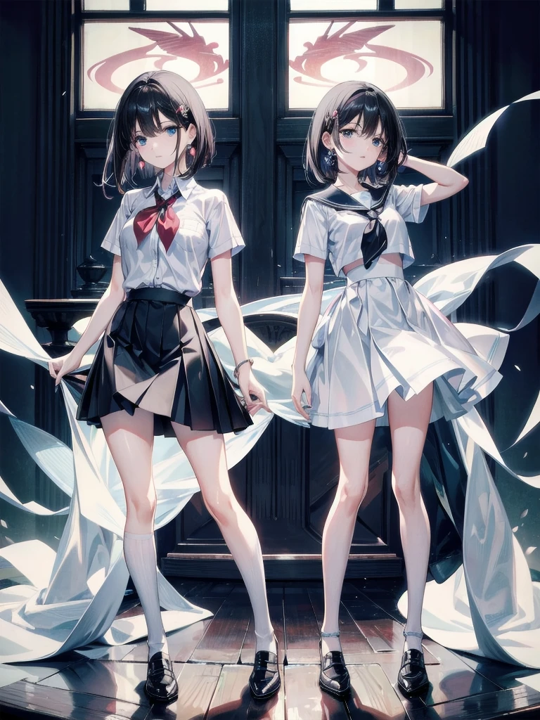 absurdres, RAW photo, extremely delicate and beautiful, masterpiece, Best Quality, ultra high resolution, 32k, hyperrealistic, ultra-detailed, perfect figure, in her 20s, very small head, very small face, delicate facial features, tearful mole, earring, very huge breasts, full body shot, medium hair, black hair, school_uniform, short skirt,