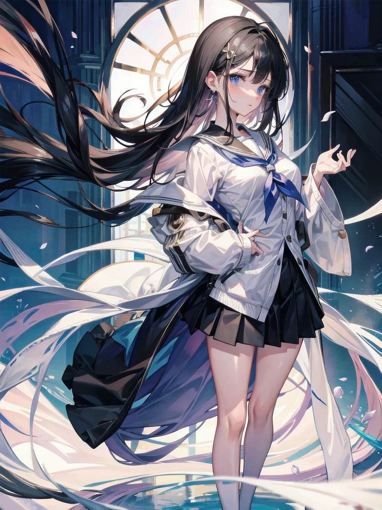 best quality, extremely detailed, anime style adult 1girl, long hair down to the waist, straight hair, ((dark black hair with bluish)),under bun,beautiful detailed eyes, pinched eyes, dark blue eyes, huge breasts,curvy,((((boys' school uniform)))),blazer,accessory,((((trousers)))),Clothes with a lot of cloth area,masculine attire,((handsome)),((classroom with light coming in))
