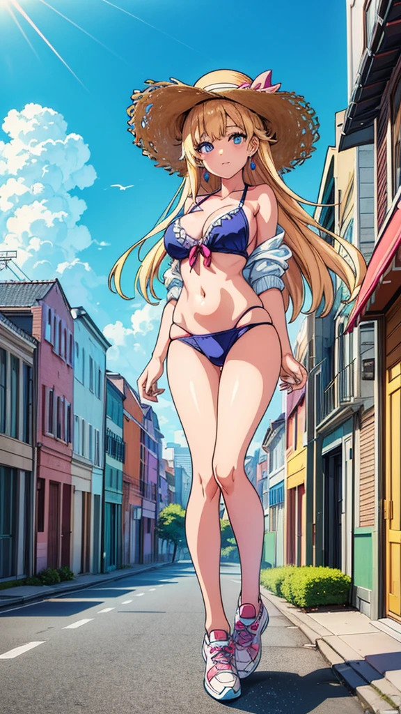 masterpiece Unreal Engine Anime Style Delicate painting 4K 90's giant Multiple Girls crowd Local metropolis Residential Street apartment Apartment ((高層apartment街の谷間に立っている巨大なBikini Swimwearの女の子)) blue sky cumulonimbus sun shine Bikini Swimwear paola sneakers Straw hat smile female giant giant girl Whole body Destroyed skyscrapers Destroyed cars Crowd Unreal Engine,cleavage ,a drawing of a , earrings, long hair, 1980s (style) Cute picture Beauty Analog style whole body sneakers