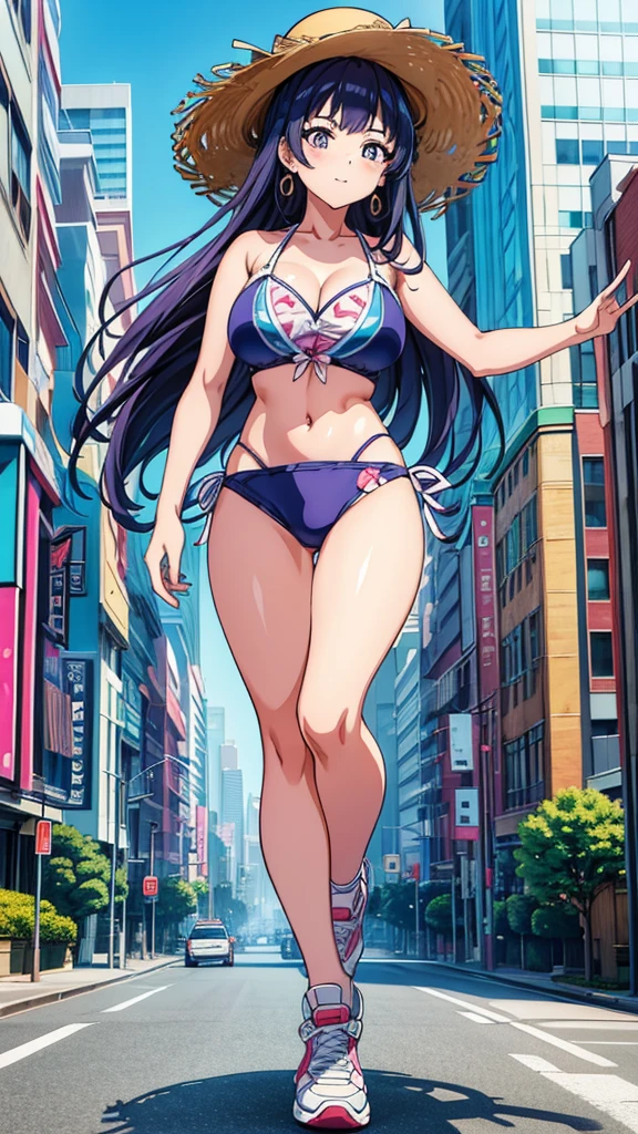 masterpiece Unreal Engine Anime Style Delicate painting 4K 90's giant Multiple Girls crowd Local metropolis Residential Street apartment Apartment ((高層apartment街の谷間に立っている巨大なBikini Swimwearの女の子)) blue sky cumulonimbus sun shine Bikini Swimwear paola sneakers Straw hat smile female giant giant girl Whole body Destroyed skyscrapers Destroyed cars Crowd Unreal Engine,cleavage ,a drawing of a , earrings, long hair, 1980s (style) Cute picture Beauty Analog style whole body sneakers