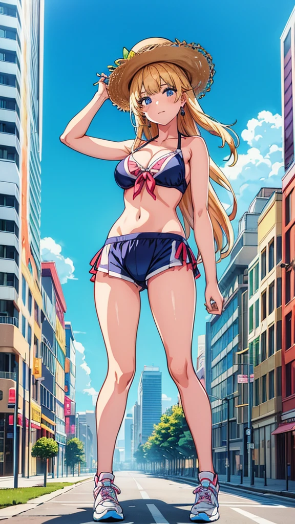 masterpiece　　Unreal Engine　Anime Style　Delicate painting　4K　90's　giant　Multiple Girls　crowd　 　Local metropolis　Residential Street　apartment　Apartment　　((高層apartment街の谷間に立っている巨大なBikini Swimwearの女の子)) blue sky　cumulonimbus　sun shine　Bikini Swimwear　paola　sneakers　Straw hat　　smile　female giant giant girl Whole body 　 Destroyed skyscrapers Destroyed cars Crowd Unreal Engine,cleavage ,a drawing of a , earrings, long hair, 1980s (style) Cute picture　Beauty　Analog style　whole body　sneakers　