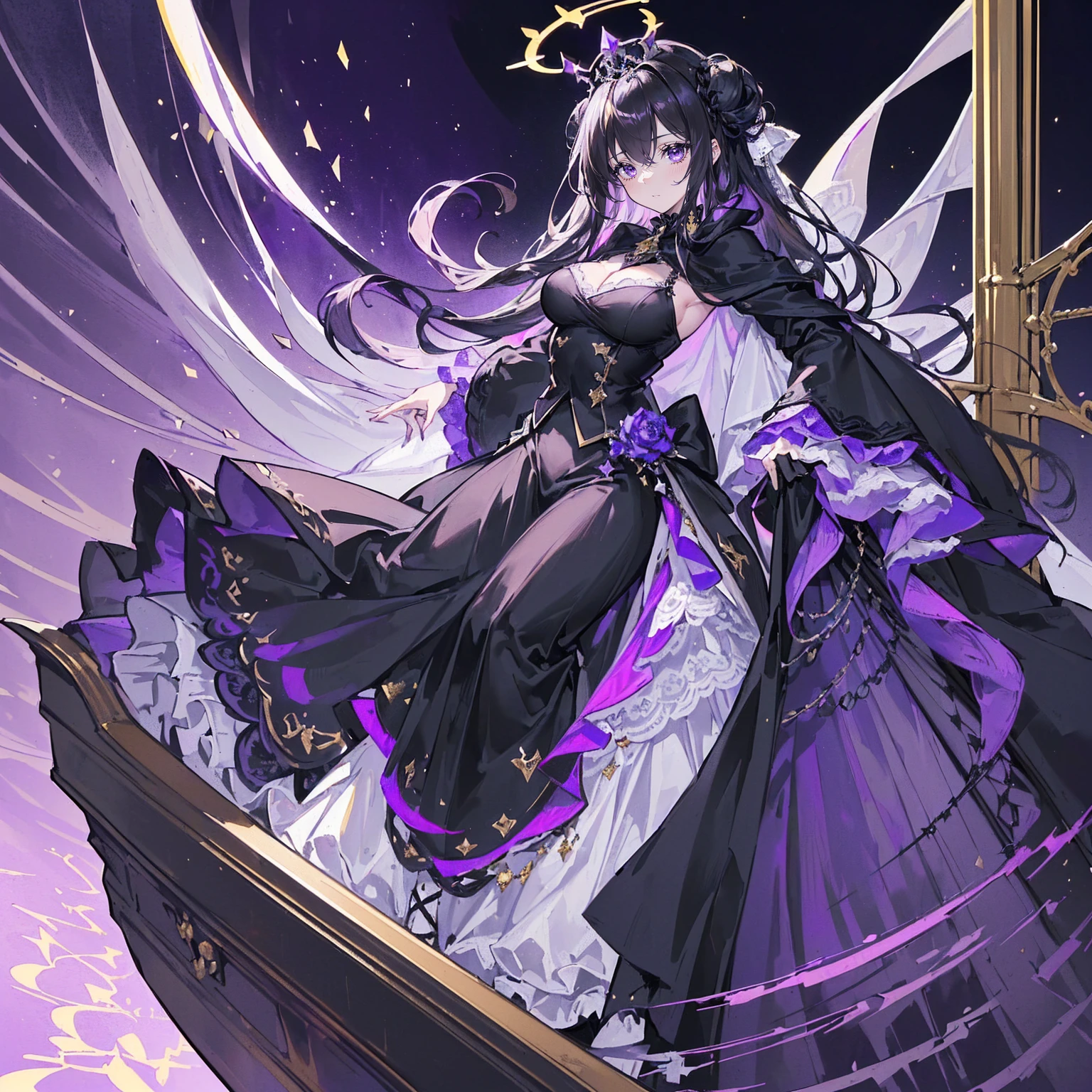 (Super detailed)),((illustration)),((masterpiece)),(((need))),((fine、Highest quality CG Unity 8K wallpapers,masterpiece),((4K,masterpiece,best quality)),Black hair queen,Waist-length hair,Royal sister,Sexy,Tall figure,Lilac eyes,Standing upright in a coffin,Mature,Hair Bunch,Hair tied on both sides,Black and gold gauze robe,Black and purple French vintage clothing,Gorgeous pure black cape,Black veil,Purple-white halo,Black and purple high heels,Wearing a crown on the head,Holding a knight's sword,pyramid,Emitting dim purple light,Brilliant palace,The deep sea is filled with coffins,Mysterious symbols,individual,Full body picture