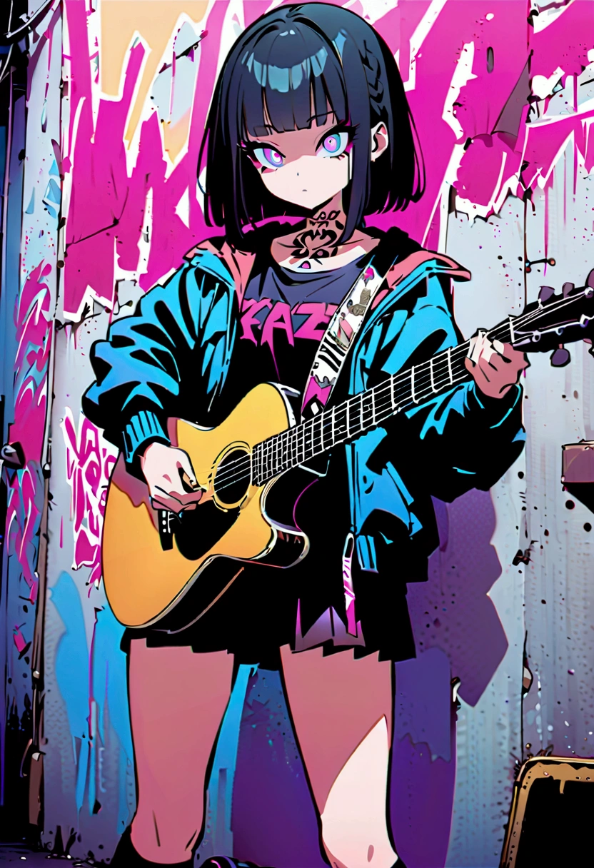 Playing the guitar、Performance、Bobcut、blunt bangs、Step Piece, Best Quality, Best Illustration, Ultra-detailed,girl, pinkrose long hair, crazy baddie girl, Cool Black Open Short Jacket, neck tattoo, Messy Fade Cut Hair, Side braided hair,Crazy, standing with an eerie feeling, abandond street graffiti wall background,knee high socks, quirky sneakers, Eyeshadow on the eyes,unusual colored eyes, Eyes of fear, vivid eyes, cool shot