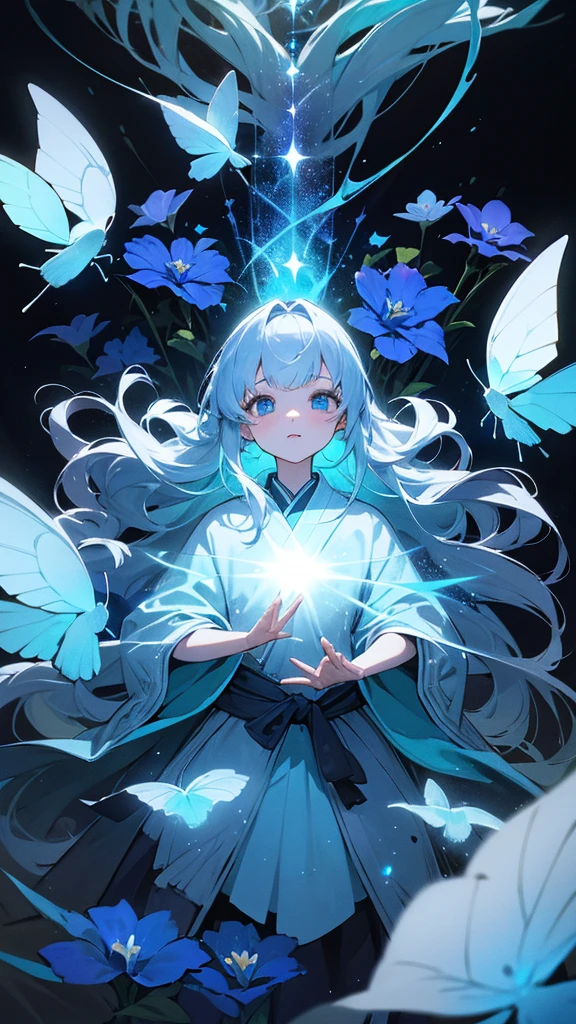 Highest quality,masterpiece,Detailed Details,Super detailed,colorful,The background is the deep blue sea,Transparency,Use HDR technology to create a sense of depth,beautiful,beautiful自然,5 year old girl,Alone,Wearing a wizard's robe,Stand in the center of the screen,The whole body faces this way,Look diagonally forward to the left,Put your right hand forward in a three-dimensional way,A star-like light from the right,Light magic from the right hand,Narrow and gentle eyes,mysterious,Silver hair decorated with blue flowers,Fantasy atmosphere,beautiful虹色の蝶々is flying in the air