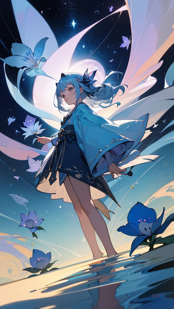 Highest quality,masterpiece,Detailed Details,Super detailed,colorful,The background is the deep blue sea,Transparency,Use HDR technology to create a sense of depth,beautiful,beautiful自然,5 year old girl,Alone,Wearing a wizard's robe,Stand in the center of the screen,The whole body faces this way,Look diagonally forward to the left,Put your right hand forward in a three-dimensional way,A star-like light from the right,Light magic from the right hand,Narrow and gentle eyes,mysterious,Silver hair decorated with blue flowers,Fantasy atmosphere,beautiful虹色の蝶々is flying in the air