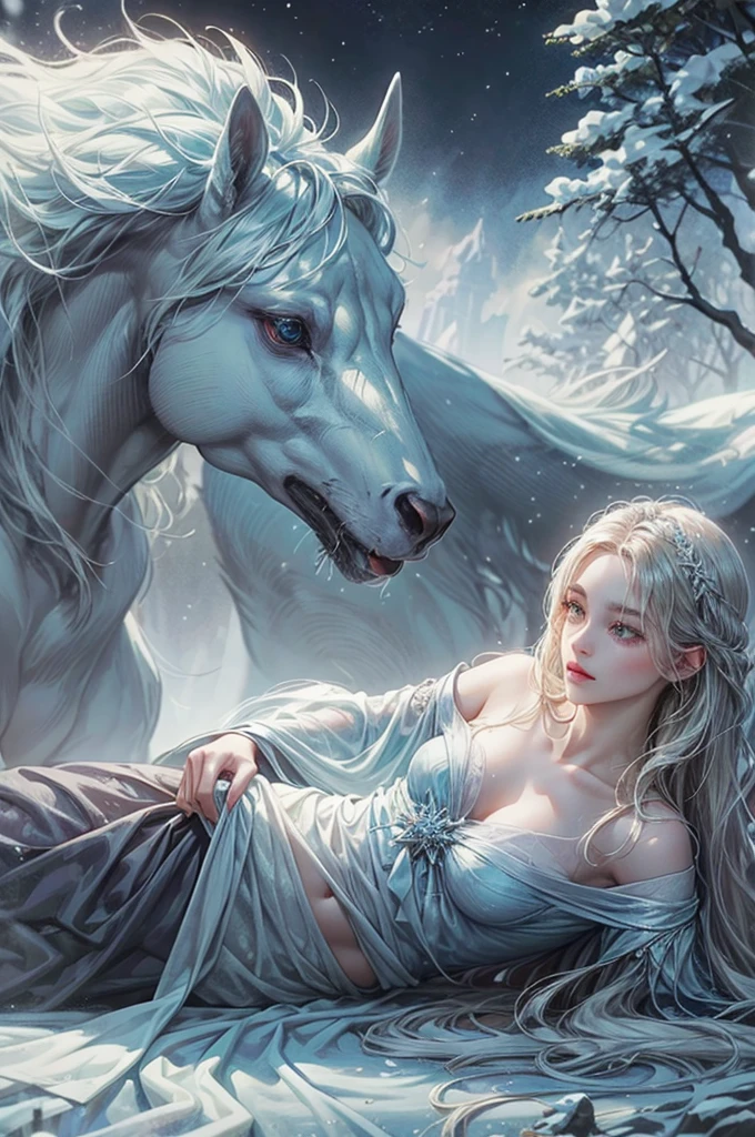 snow ghost, fantasy creature, ethereal, translucent, ice-like skin, long flowing hair, wispy tendrils, glowing eyes, snowflake patterns, winter landscape, frozen lake, bare trees, soft lighting, (best quality,4k,8k,highres,masterpiece:1.2),ultra-detailed,(realistic,photorealistic,photo-realistic:1.37),cinematic composition,muted color palette,dramatic lighting,intricate details