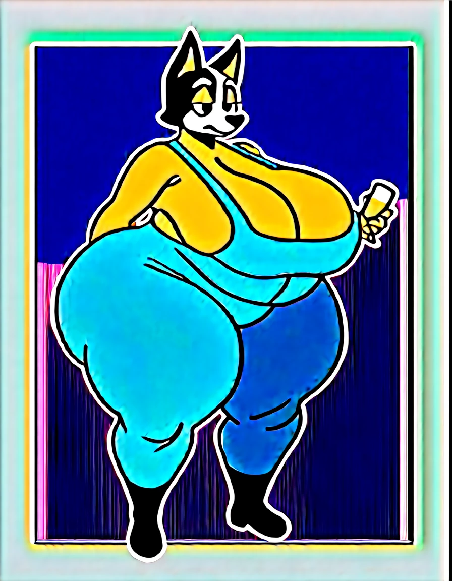 chilliheeler, eye spot, furry female, anthro, huge thighs, huge hips, huge ass, huge breasts, detailed background, obese, realistic, detailed face, S2Z0n1c21.5XL style, shortstack, facing viewer, front view, australian cattle dog, toony, orange fur, standing, at grocery store, holding a shot glass, behind table, leaning back, denim overalls, boots, areola slip, huge areola, puffy areola, cleavage, cleavage overflow, sideboob, amused