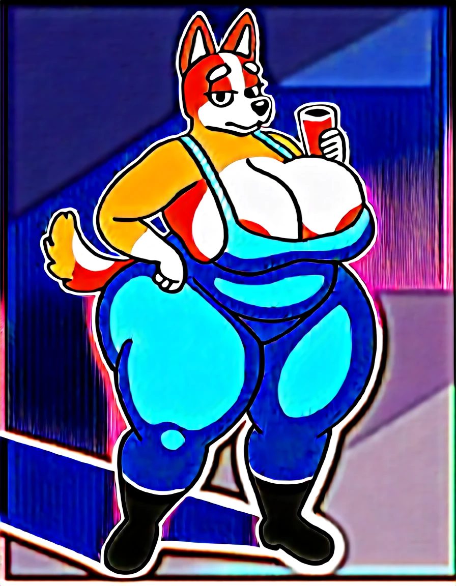 chilliheeler, eye spot, furry female, anthro, huge thighs, huge hips, huge ass, huge breasts, detailed background, obese, realistic,  detailed face, S2Z0n1c21.5XL style, shortstack, facing viewer, front view, australian cattle dog, toony, orange fur, standing, at grocery store, holding a shot glass, behind table, leaning back, denim overalls, boots, areola slip, huge areola, puffy areola, cleavage, cleavage overflow, sideboob, amused