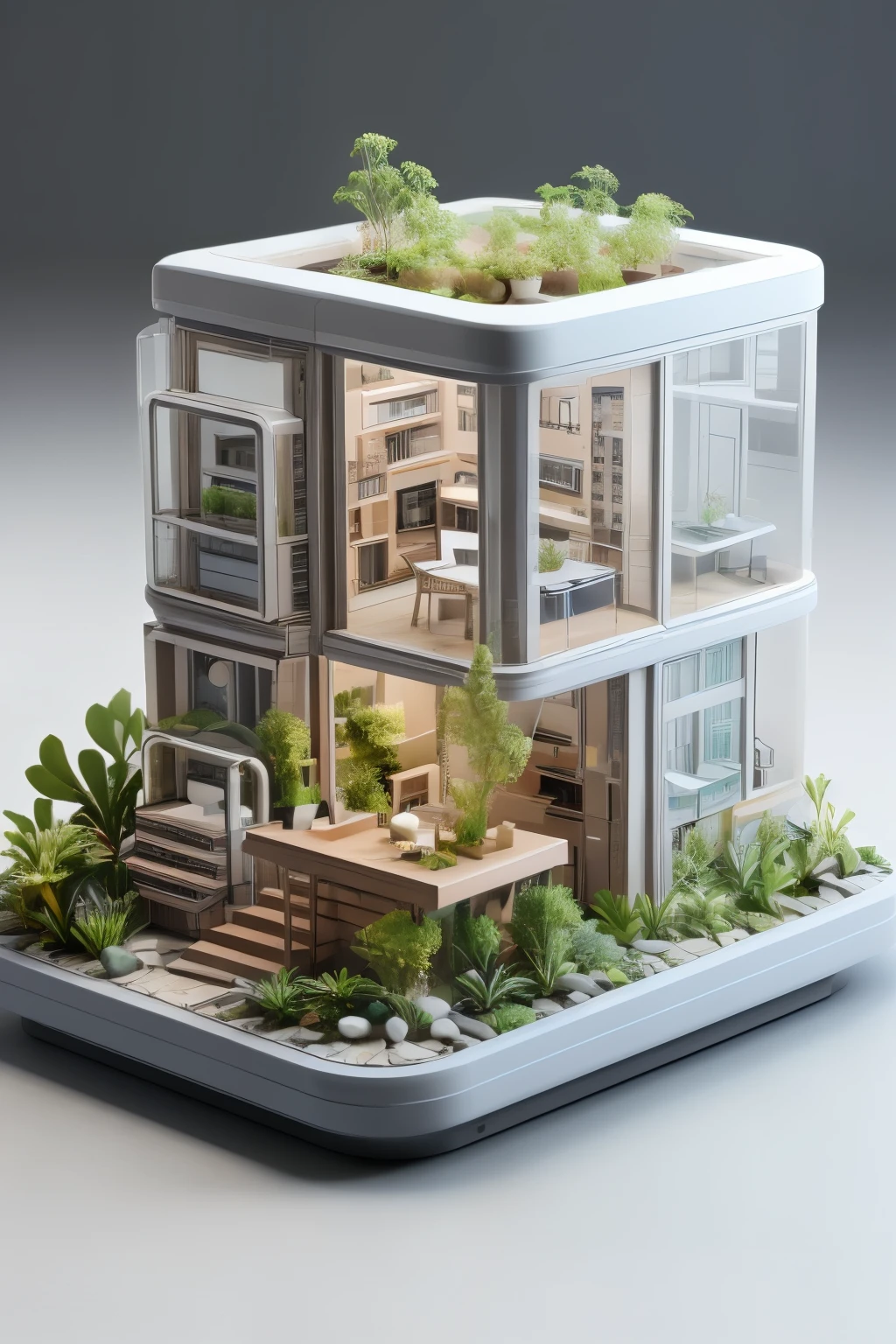 best quality, (masterpiece:1.1), new york apartment ,isometric view,high resolution, detailed details, simple background, succulents, agaves, air plants,