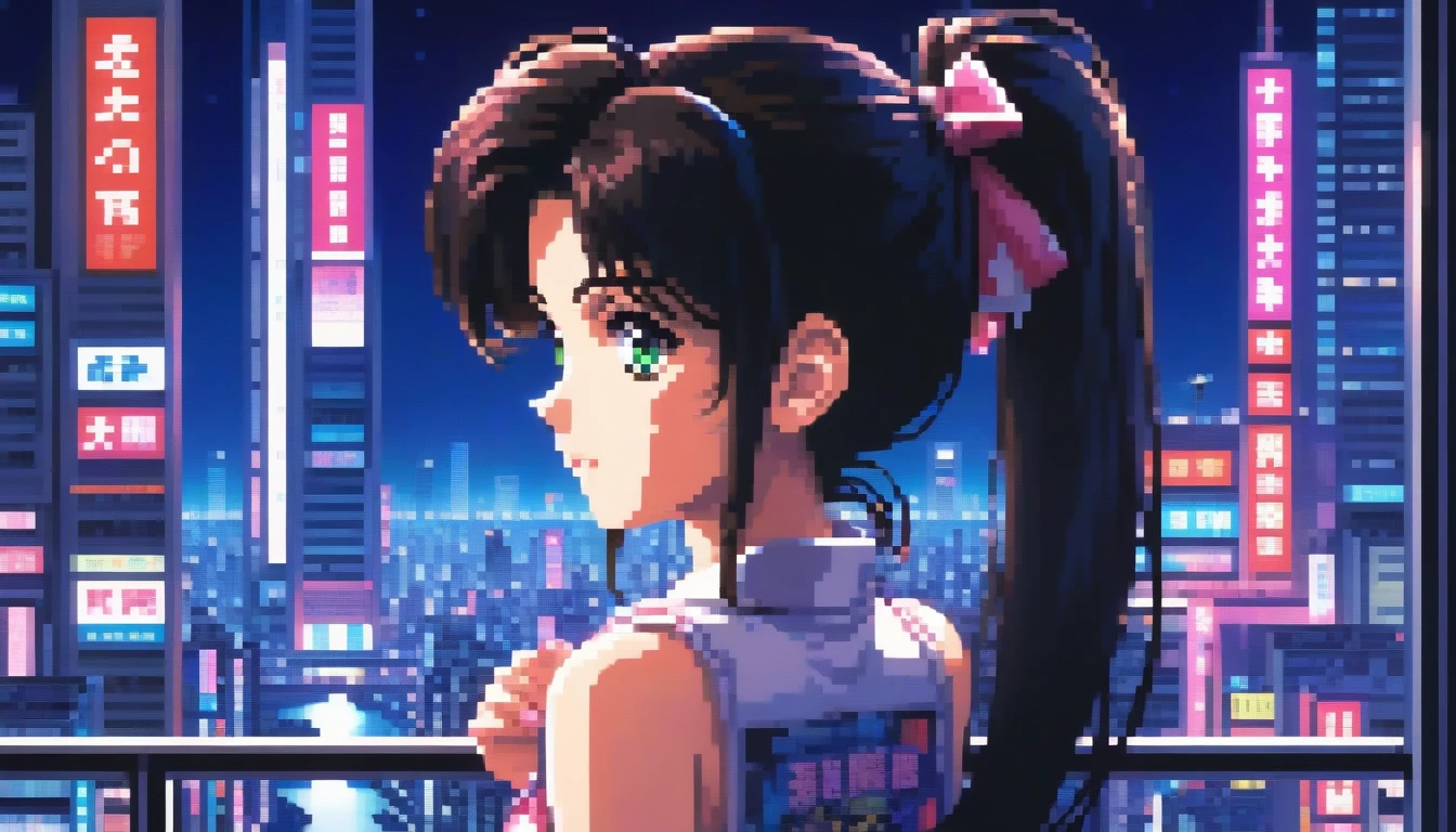 ((best quality)), ((masterpiece)), (detailed), 1girl, sexyhighest quality, masterpiece, Very detailed, Detailed Background, anime, One girl, Young girl, Sexy Girls, Black hair ponytail girl,　 Atmospheric lighting, Focus Only, close　 Depth of written boundary, Bokeh　1990年代anime　１９８０年代anime　１９８０Period Fashion　 　City Pop 　　Big glasses　 Beautiful eyes　B90,W60，H90 White Skin　Pink lighting　Light pink clothes pixel, 16-bit Style, Pixel art, Nintendo game scene, Cool colors, green,Tokyo at night in the background, Skyscraper, Skyline, Modern, Colorful lights, Tokyo Night, dark, A girl in the foreground, whole body,greenい瞳