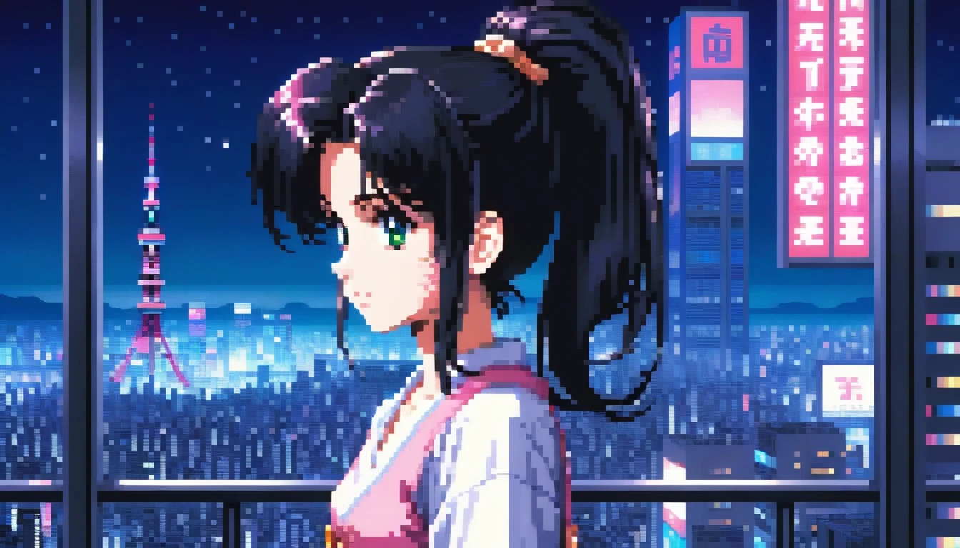 ((best quality)), ((masterpiece)), (detailed), 1girl, sexyhighest quality, masterpiece, Very detailed, Detailed Background, anime, One girl, Young girl, Sexy Girls, Black hair ponytail girl,　 Atmospheric lighting, Focus Only, close　 Depth of written boundary, Bokeh　1990年代anime　１９８０年代anime　１９８０Period Fashion　 　City Pop 　　Big glasses　 Beautiful eyes　B90,W60，H90 White Skin　Pink lighting　Light pink clothes pixel, 16-bit Style, Pixel art, Nintendo game scene, Cool colors, green,Tokyo at night in the background, Skyscraper, Skyline, Modern, Colorful lights, Tokyo Night, dark, A girl in the foreground, whole body,greenい瞳