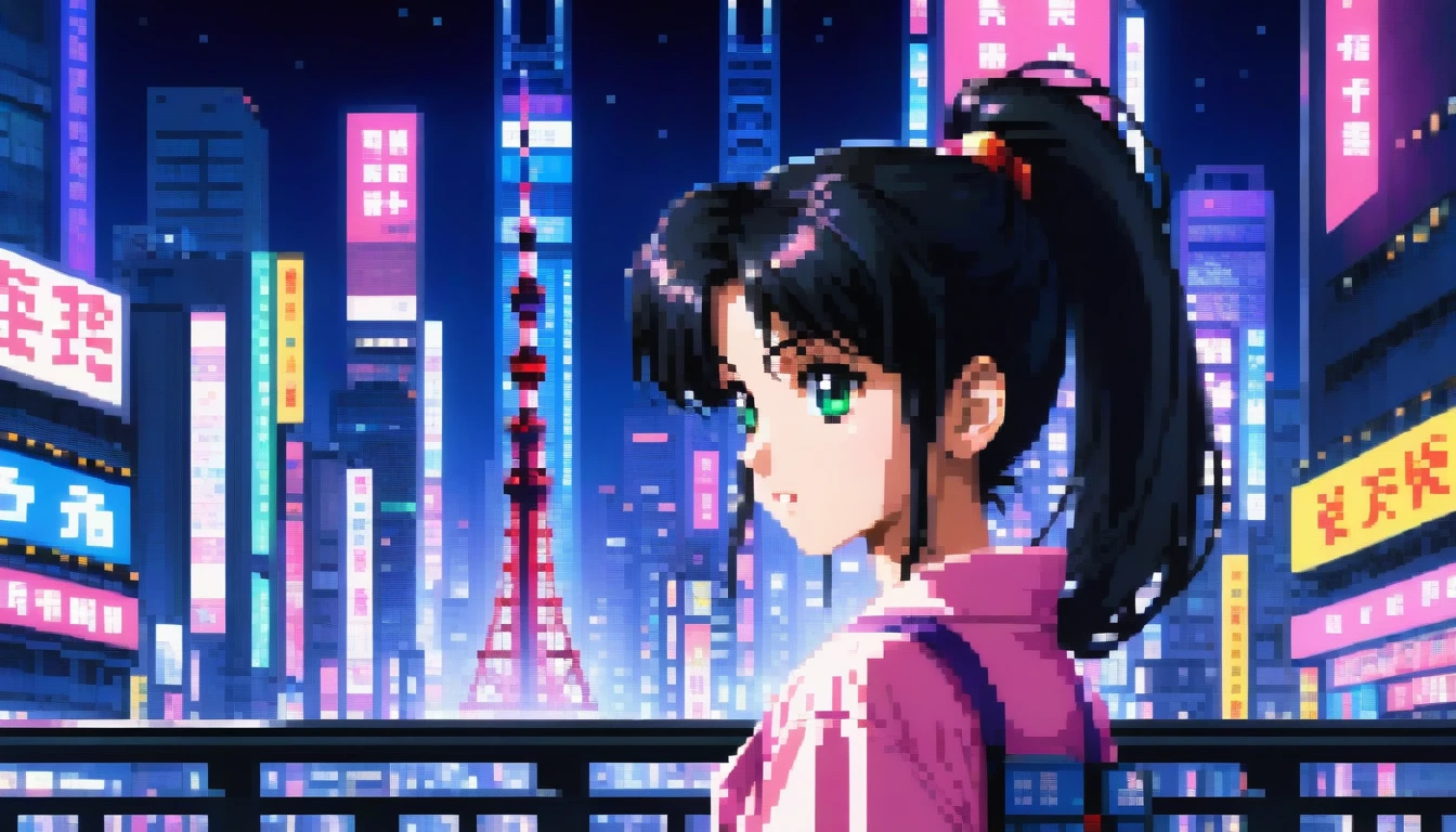 ((best quality)), ((masterpiece)), (detailed), 1girl, sexyhighest quality, masterpiece, Very detailed, Detailed Background, anime, One girl, Young girl, Sexy Girls, Black hair ponytail girl,　 Atmospheric lighting, Focus Only, close　 Depth of written boundary, Bokeh　1990年代anime　１９８０年代anime　１９８０Period Fashion　 　City Pop 　　Big glasses　 Beautiful eyes　B90,W60，H90 White Skin　Pink lighting　Light pink clothes pixel, 16-bit Style, Pixel art, Nintendo game scene, Cool colors, green,Tokyo at night in the background, Skyscraper, Skyline, Modern, Colorful lights, Tokyo Night, dark, A girl in the foreground, whole body,greenい瞳