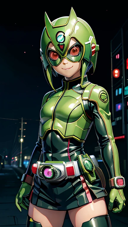 (8k),(masterpiece),(Japanese),(8-year-old girl),((innocent look)),((Childish)),From the front,smile,cute,Innocent,Kind eyes,Flat chest, Tsunade,Kamen Rider, green helmet,green superhero mask,camisa,no Hair,night,dark, Neon light cyberpunk Konoha village