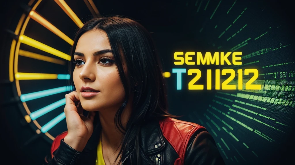 Music thumbnail "Türkçe Pop Remix 2024 24/7". The text "Türkçe Pop Remix 2024" above the photo uses a bold, eye-catching font, and the color contrasts with the background for easy readability. "24/7" Place this text in the middle or just below the main text, using a smaller font and appropriate color. and at the bottom is the "Türkçe Remix" channel logo. Neon yellow background creates a dynamic feeling. Place the microphone and speaker image in the center or one side of the image to create emphasis. Ambient lighting or bokeh effects to highlight the main image. Add motion paths or sound wave effects for added excitement. Add symbols like musical notes and records to enrich the image.