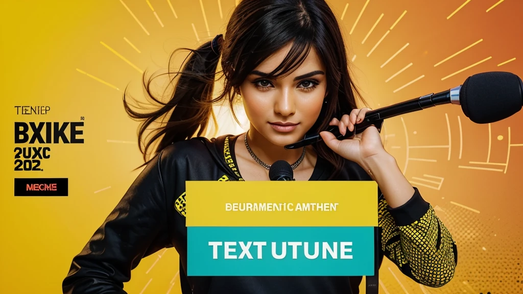 Music thumbnail "Türkçe Pop Remix 2024 24/7". The text "Türkçe Pop Remix 2024" above the photo uses a bold, eye-catching font, and the color contrasts with the background for easy readability. "24/7" Place this text in the middle or just below the main text, using a smaller font and appropriate color. and at the bottom is the "Türkçe Remix" channel logo. Neon yellow background creates a dynamic feeling. Place the microphone and speaker image in the center or one side of the image to create emphasis. Ambient lighting or bokeh effects to highlight the main image. Add motion paths or sound wave effects for added excitement. Add symbols like musical notes and records to enrich the image.