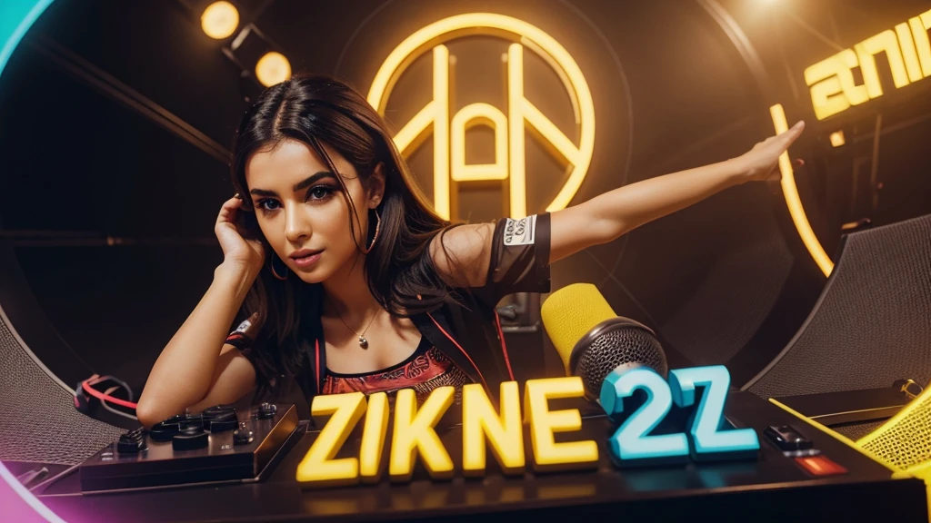 Music thumbnail "Türkçe Pop Remix 2024 24/7". The text "Türkçe Pop Remix 2024" above the photo uses a bold, eye-catching font, and the color contrasts with the background for easy readability. "24/7" Place this text in the middle or just below the main text, using a smaller font and appropriate color. and at the bottom is the "Türkçe Remix" channel logo. Neon yellow background creates a dynamic feeling. Place the microphone and speaker image in the center or one side of the image to create emphasis. Ambient lighting or bokeh effects to highlight the main image. Add motion paths or sound wave effects for added excitement. Add symbols like musical notes and records to enrich the image.