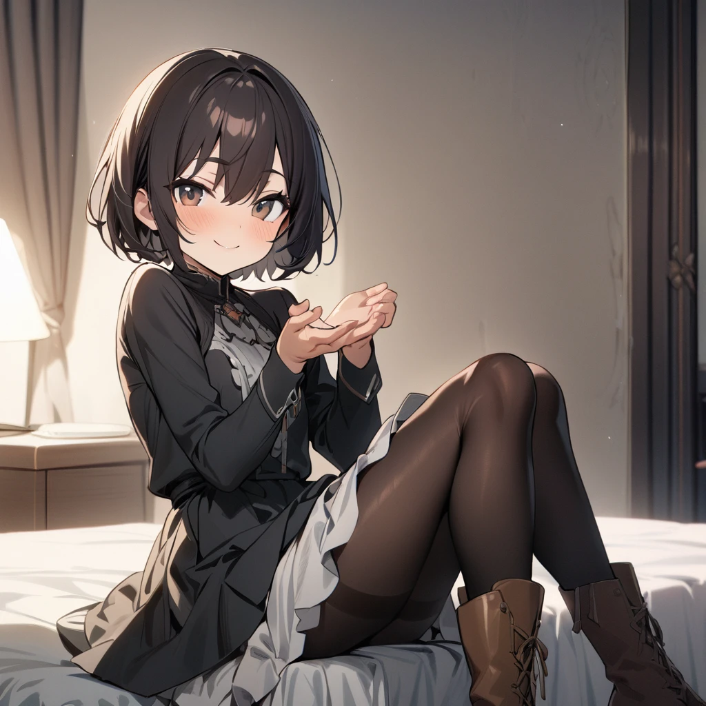 1boy, dark hair, short hair, pantyhose, dress, smile, boots, looking at viewer, sitting, bed, masterpiece, best quality, highres, nice hands, perfect hands, shota, flat expression,
