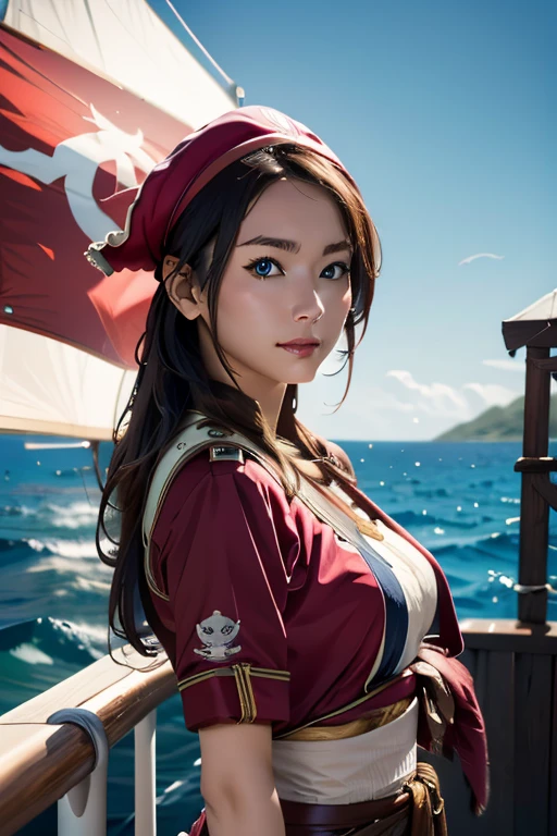 (Highest quality), (High detail), (Vibrant colors), (One girl), A cute female pirate sailing the high seas, High resolution, 4K,