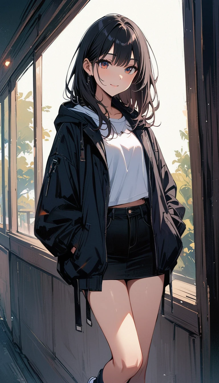 (masterpiece, best quality:1.2), 18 years old, very beautiful girl, alone, Happy expression looking at the camera in a coffee shop, Precise face, She is wearing an off-soldier large jumper, short skirt, and sneakers., fragrant coffee, whole body, simple background, Nizi 5,