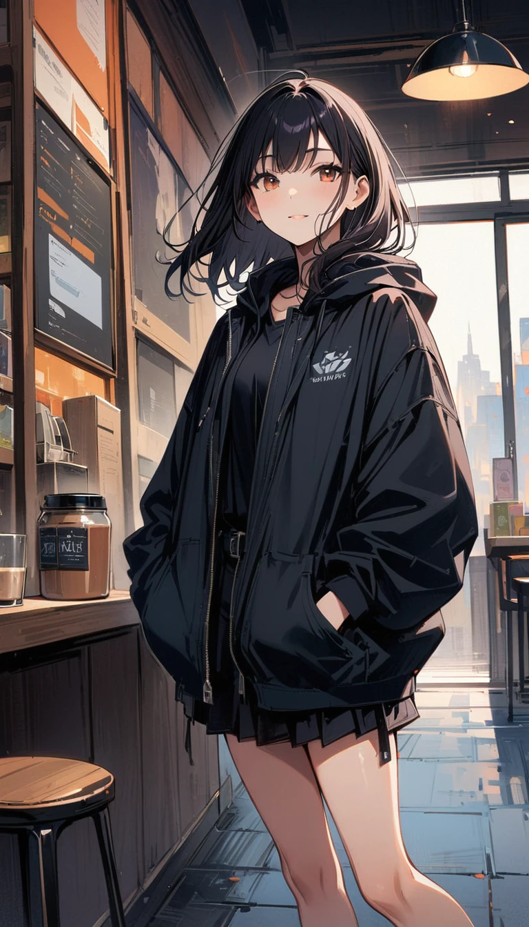 (masterpiece, best quality:1.2), 18 years old, very beautiful girl, alone, Happy expression looking at the camera in a coffee shop, Precise face, She is wearing a large flowing jacket, a short skirt, and sneakers., bright window, fragrant coffee, whole body, simple background, Nizi 5,