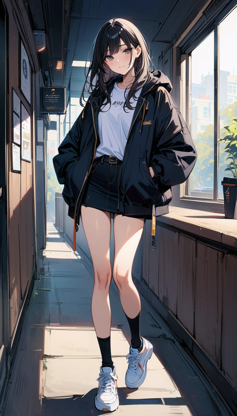 (masterpiece, best quality:1.2), 18 years old, very beautiful girl, alone, Happy expression looking at the camera in a coffee shop, Precise face, She is wearing a large flowing jacket, a short skirt, and sneakers., bright window, fragrant coffee, whole body, simple background, Nizi 5,