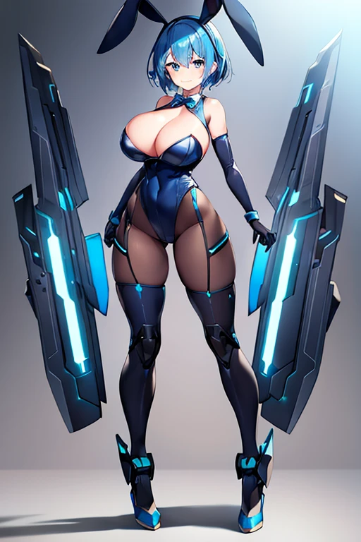 1girl, blue hair, large breasts, bunny ears, rabbit ears, wide hips, bodysuit, black bodysuit, short hair, very short hair, science-fiction, tech, futuristic, machinery, full body, ((full body)), smile, light smile, robot girl
