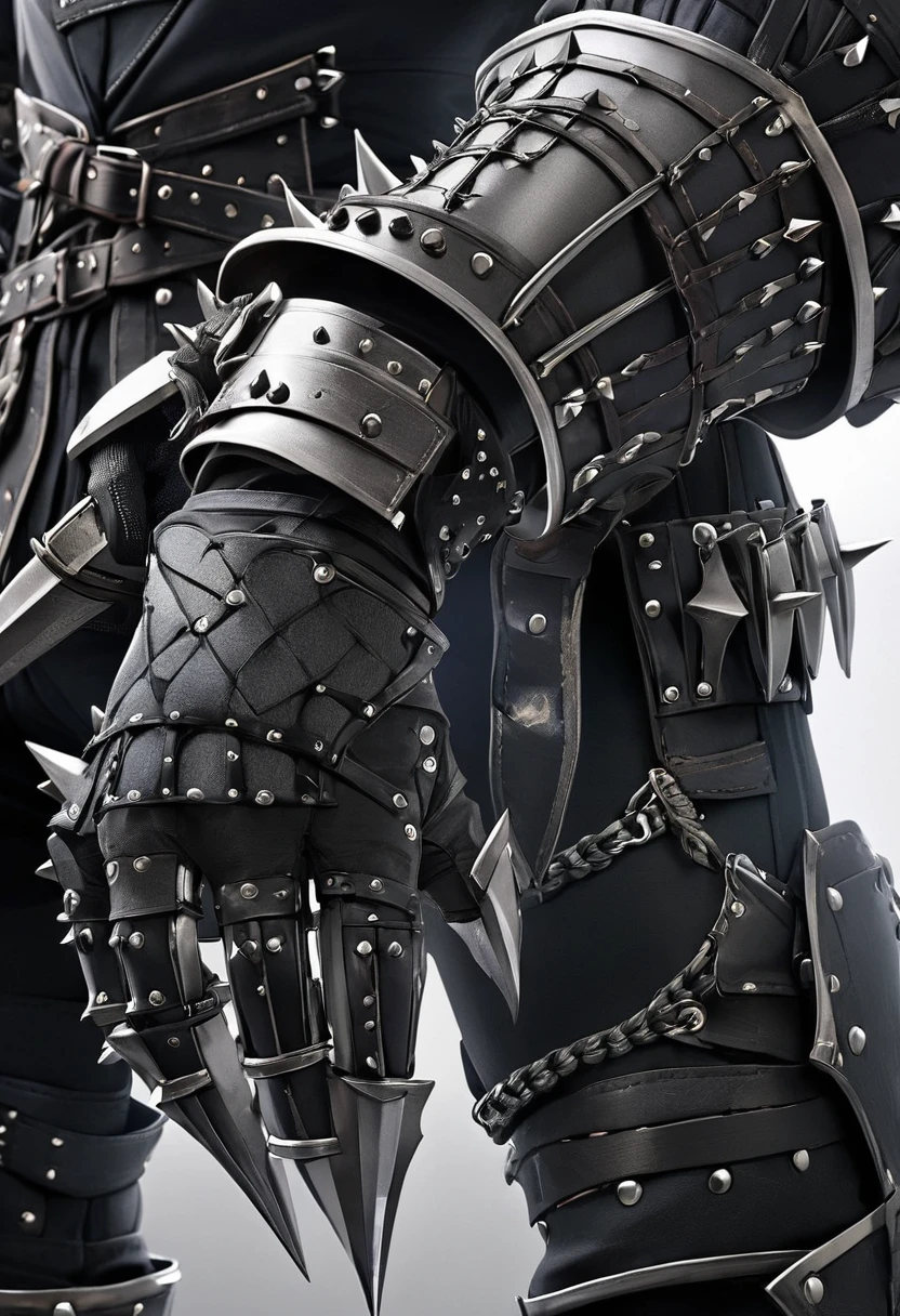 gauntlets that are made of black & grey steel with metal spikes on the back of the hand