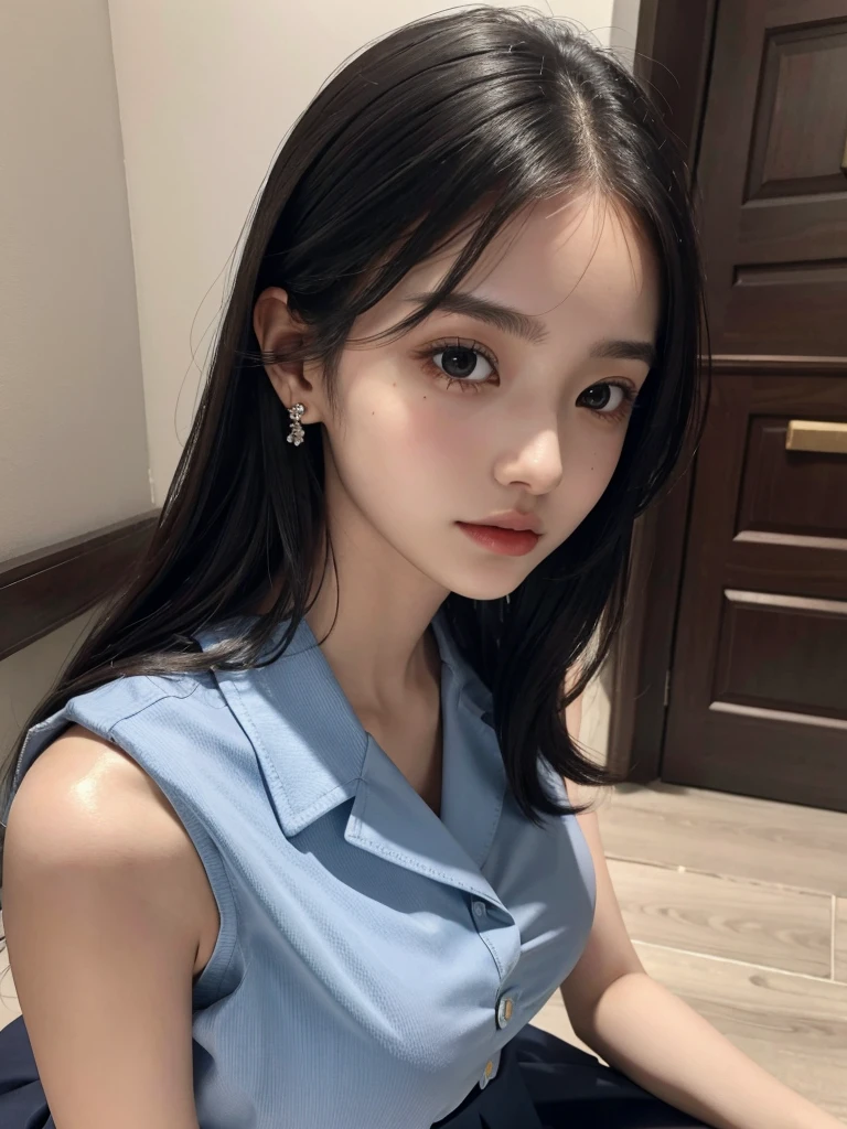 absurdres, RAW photo, extremely delicate and beautiful, masterpiece, Best Quality, ultra high resolution, 32k, hyperrealistic, ultra-detailed, perfect figure, in her 20s, very small head, very small face, delicate facial features, tearful mole, earring, ((very huge breasts)), ((full body shot)), medium hair, black hair, Korean school_uniform, summer school_uniform shirt, skirt, sleeveless