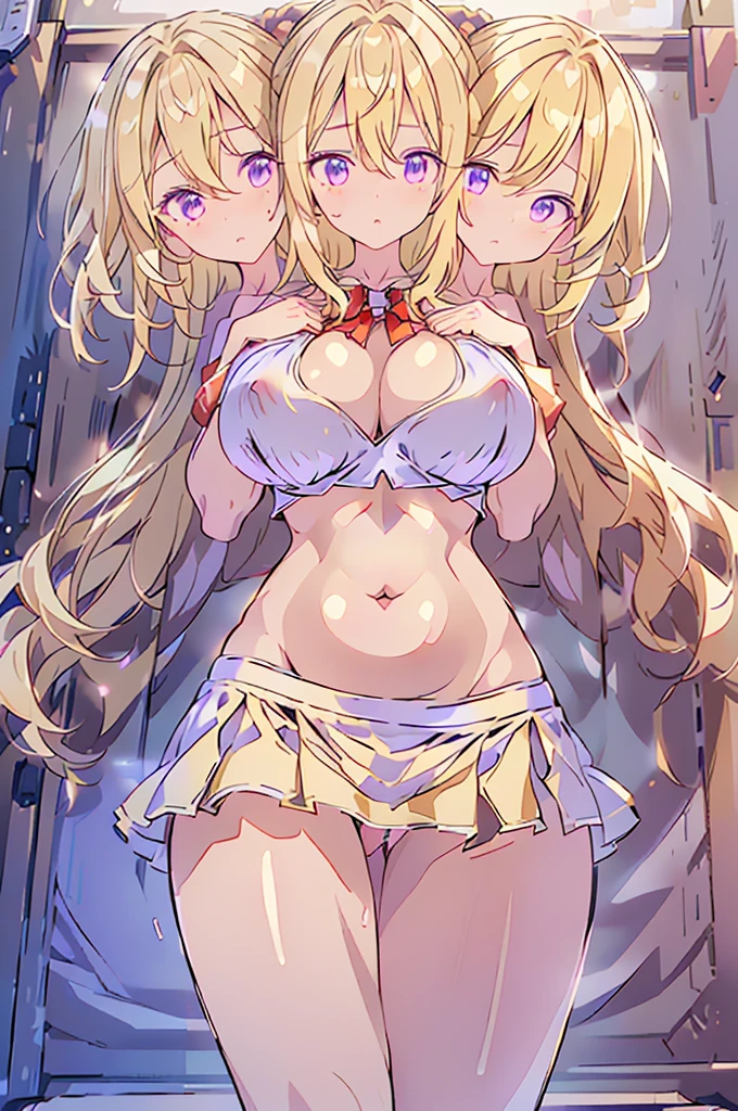 (masterpiece, best quality),best quality, (ultra-detailed), ((3heads:1.5)), 1girl, (maribel hearn:1.3), masterpiece, best quality, ultra quality, ultra resolution, ultra detail, purple top, crop top, ((stomach)), midriff, ((groin)), purple skirt, frilled skirt, miniskirt, normal ears, shackles, blonde hair, very long hair, wavy hair, sidelocks, purple eyes, parted lips, beautiful eyes, sweat, cute, toned belly, hand on own chest, eyelashes, (24 year old woman:1.3), (masterpiece:1.5), (best quality:1.5), (beautiful detailed extremely detailed CG, extremely delicate and beautiful, depth of field, (finely detailed face), (perfect details:1.3), (mature female:1.3), wide pelvis, slender, large veiny breast, 16k resolution, highres, high quality, high definition, extremely detailed, masterpiece, best quality, blonde hair, long hair, alluring presence, twin braid, short skirt, close up, very big tits, huge tits, young, mob cap, white headwear, red bow on hat, skirt hold, hair between the eyes, nsfw, open belly, midriff, cowboy shot, looking at viewer, girl with three heads, three headed girl, ((blonde)),