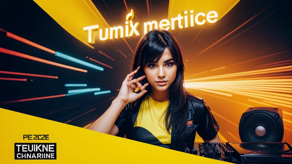 Music thumbnail "Türkçe Pop Remix 2024 24/7". The text "Türkçe Pop Remix 2024" above the photo uses a bold, eye-catching font, and the color contrasts with the background for easy readability. "24/7" Place this text in the middle or just below the main text, using a smaller font and appropriate color. and at the bottom is the "Türkçe Remix" channel logo. Neon yellow background creates a dynamic feeling. Place the microphone and speaker image in the center or one side of the image to create emphasis. Ambient lighting or bokeh effects to highlight the main image. Add motion paths or sound wave effects for added excitement. Add symbols like musical notes and records to enrich the image.