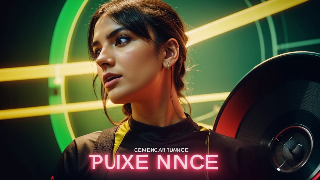 Music thumbnail "Türkçe Pop Remix 2024 24/7". The text "Türkçe Pop Remix 2024" above the photo uses a bold, eye-catching font, and the color contrasts with the background for easy readability. "24/7" Place this text in the middle or just below the main text, using a smaller font and appropriate color. and at the bottom is the "Türkçe Remix" channel logo. Neon yellow background creates a dynamic feeling. Place the microphone and speaker image in the center or one side of the image to create emphasis. Ambient lighting or bokeh effects to highlight the main image. Add motion paths or sound wave effects for added excitement. Add symbols like musical notes and records to enrich the image.