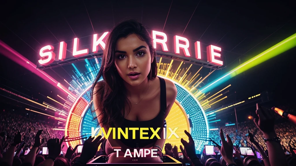 Music thumbnail "Türkçe Pop Remix 2024 24/7". The text "Türkçe Pop Remix 2024" above the photo uses a bold, eye-catching font, and the color contrasts with the background for easy readability. "24/7" Place this text in the middle or just below the main text, using a smaller font and appropriate color. and at the bottom is the "Türkçe Remix" channel logo. Neon yellow background creates a dynamic feeling. Place the microphone and speaker image in the center or one side of the image to create emphasis. Ambient lighting or bokeh effects to highlight the main image. Add motion paths or sound wave effects for added excitement. Add symbols like musical notes and records to enrich the image.