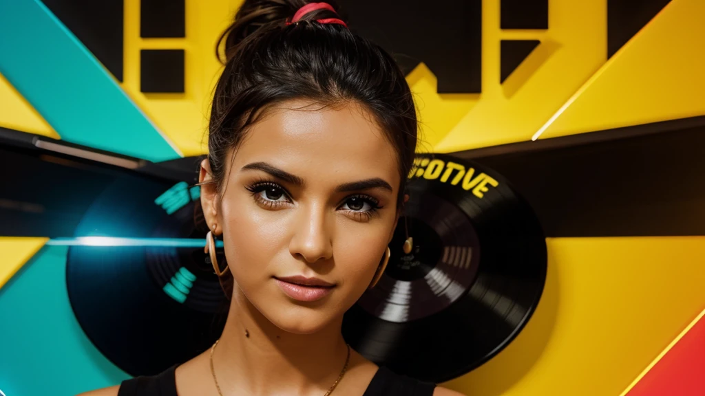 Music thumbnail "Türkçe Pop Remix 2024 24/7". The text "Türkçe Pop Remix 2024" above the photo uses a bold, eye-catching font, and the color contrasts with the background for easy readability. "24/7" Place this text in the middle or just below the main text, using a smaller font and appropriate color. and at the bottom is the "Türkçe Remix" channel logo. Neon yellow background creates a dynamic feeling. Place the microphone and speaker image in the center or one side of the image to create emphasis. Ambient lighting or bokeh effects to highlight the main image. Add motion paths or sound wave effects for added excitement. Add symbols like musical notes and records to enrich the image.