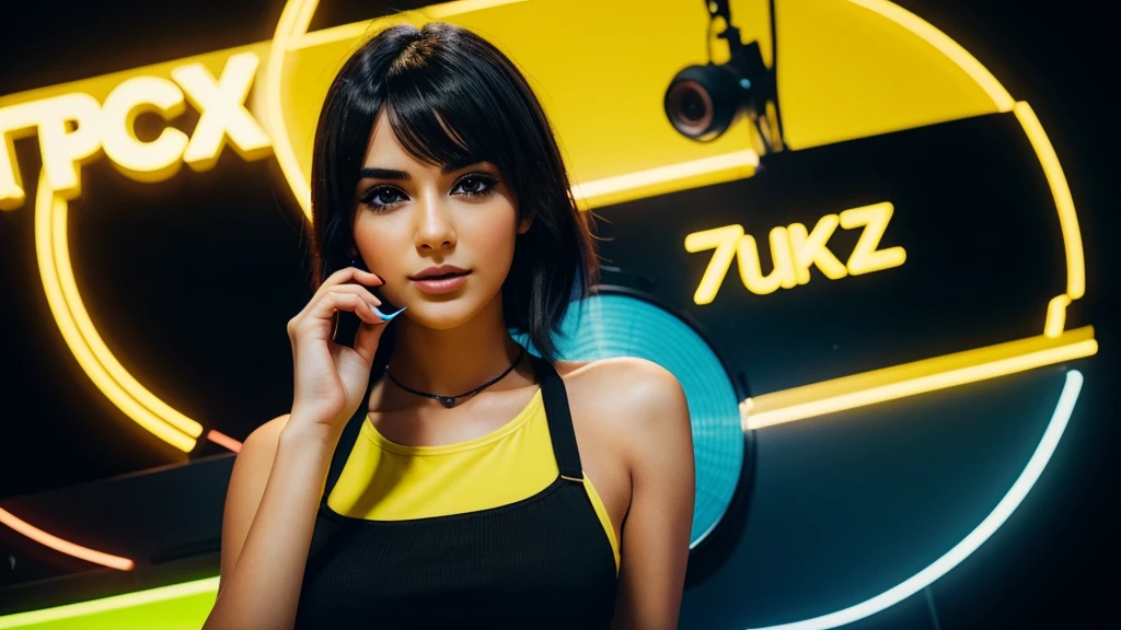 Music thumbnail "Türkçe Pop Remix 2024 24/7". The text "Türkçe Pop Remix 2024" above the photo uses a bold, eye-catching font, and the color contrasts with the background for easy readability. "24/7" Place this text in the middle or just below the main text, using a smaller font and appropriate color. and at the bottom is the "Türkçe Remix" channel logo. Neon yellow background creates a dynamic feeling. Place the microphone and speaker image in the center or one side of the image to create emphasis. Ambient lighting or bokeh effects to highlight the main image. Add motion paths or sound wave effects for added excitement. Add symbols like musical notes and records to enrich the image.